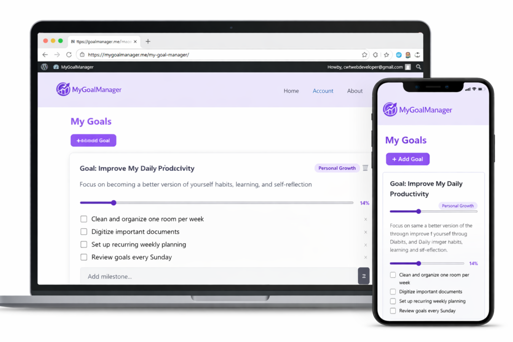 MyGoalManager interface on laptop and mobile